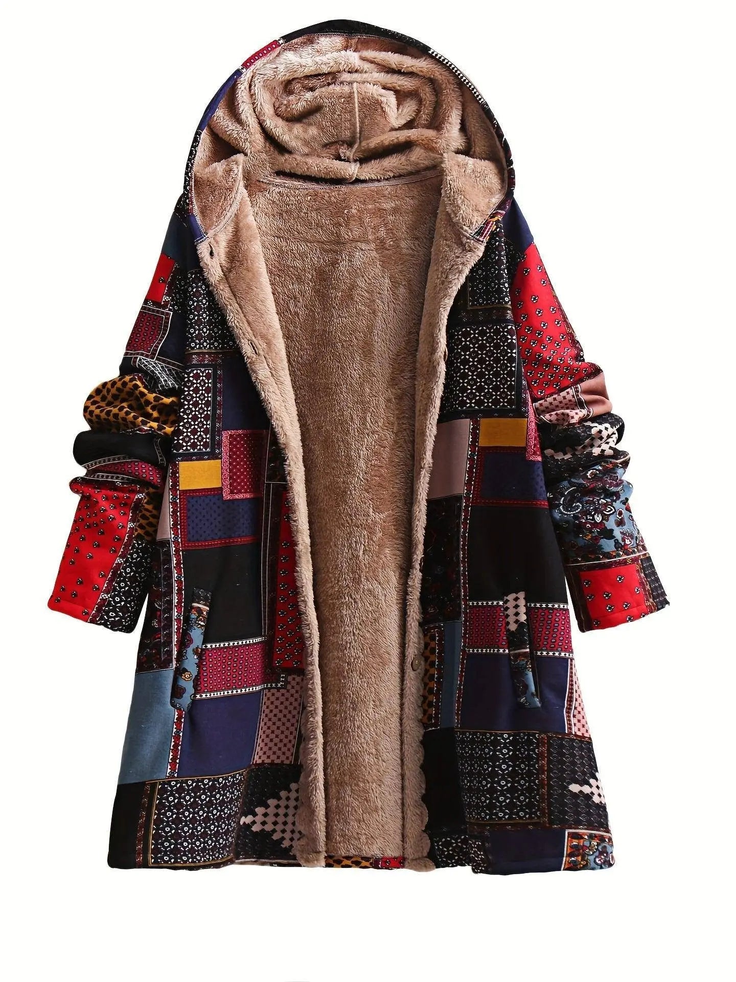 Tribal Print Button Front Faux Fur Lined Warm Coat, Casual Long Sleeve Pockets Hoodie Coat For Winter, Women's Clothing SS69