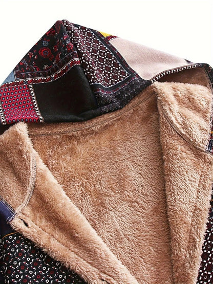 Tribal Print Button Front Faux Fur Lined Warm Coat, Casual Long Sleeve Pockets Hoodie Coat For Winter, Women's Clothing SS69