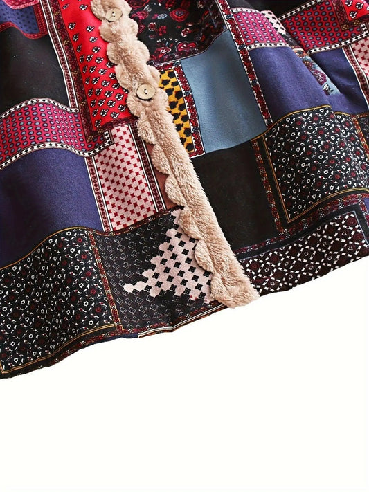 Tribal Print Button Front Faux Fur Lined Warm Coat, Casual Long Sleeve Pockets Hoodie Coat For Winter, Women's Clothing SS69