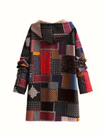 Tribal Print Button Front Faux Fur Lined Warm Coat, Casual Long Sleeve Pockets Hoodie Coat For Winter, Women's Clothing SS69