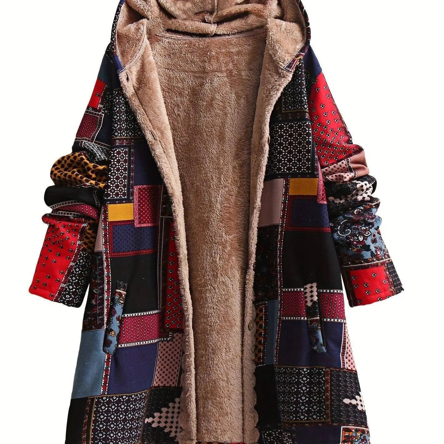 Tribal Print Button Front Faux Fur Lined Warm Coat, Casual Long Sleeve Pockets Hoodie Coat For Winter, Women's Clothing SS69