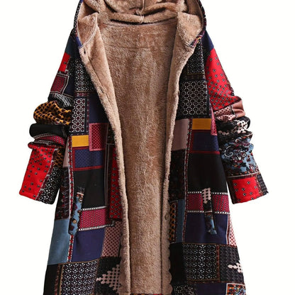 Tribal Print Button Front Faux Fur Lined Warm Coat, Casual Long Sleeve Pockets Hoodie Coat For Winter, Women's Clothing SS69