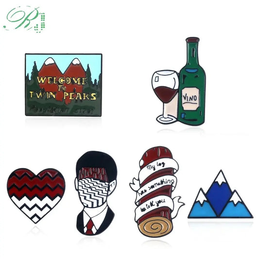 Twin Peaks Heart Shape Brooches Dale Cooper Fire Walk With Me Red Wine Bottle Cup Lapel Enamel Pins Women Men Bag Shirt Gift SS69