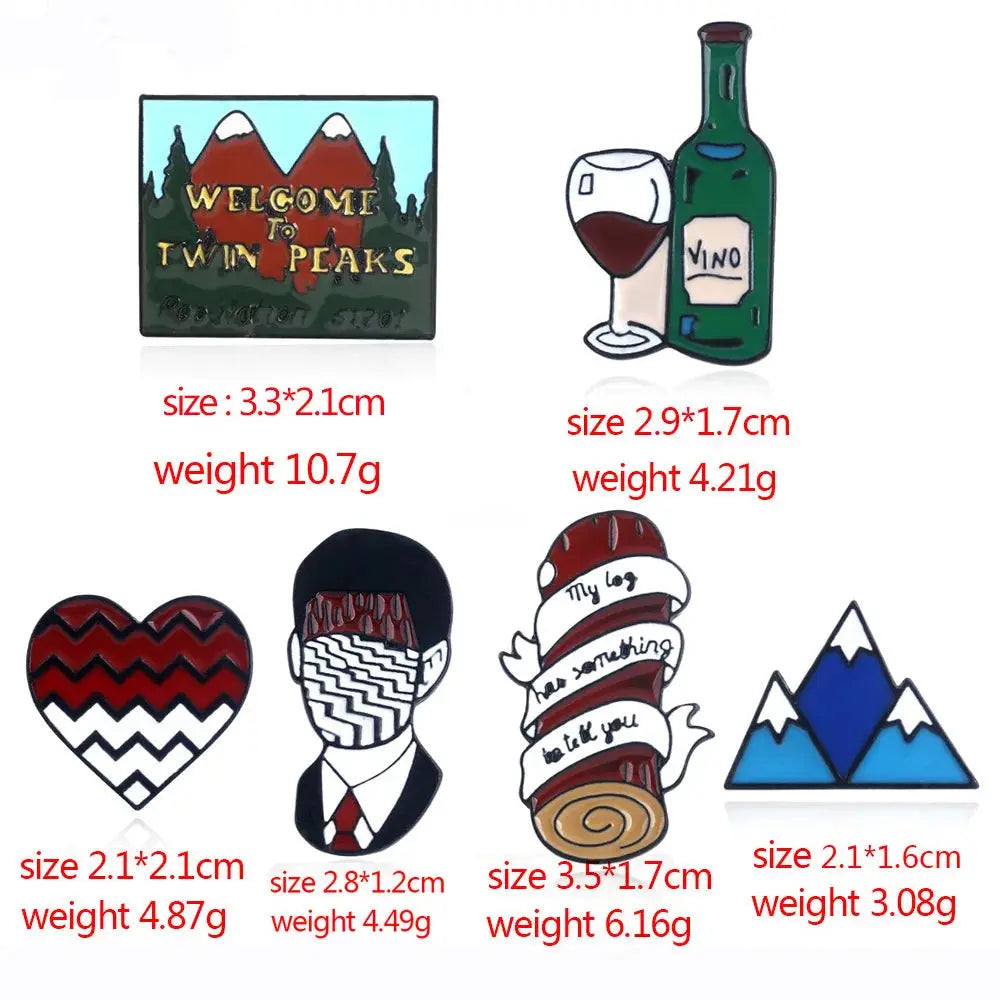 Twin Peaks Heart Shape Brooches Dale Cooper Fire Walk With Me Red Wine Bottle Cup Lapel Enamel Pins Women Men Bag Shirt Gift SS69
