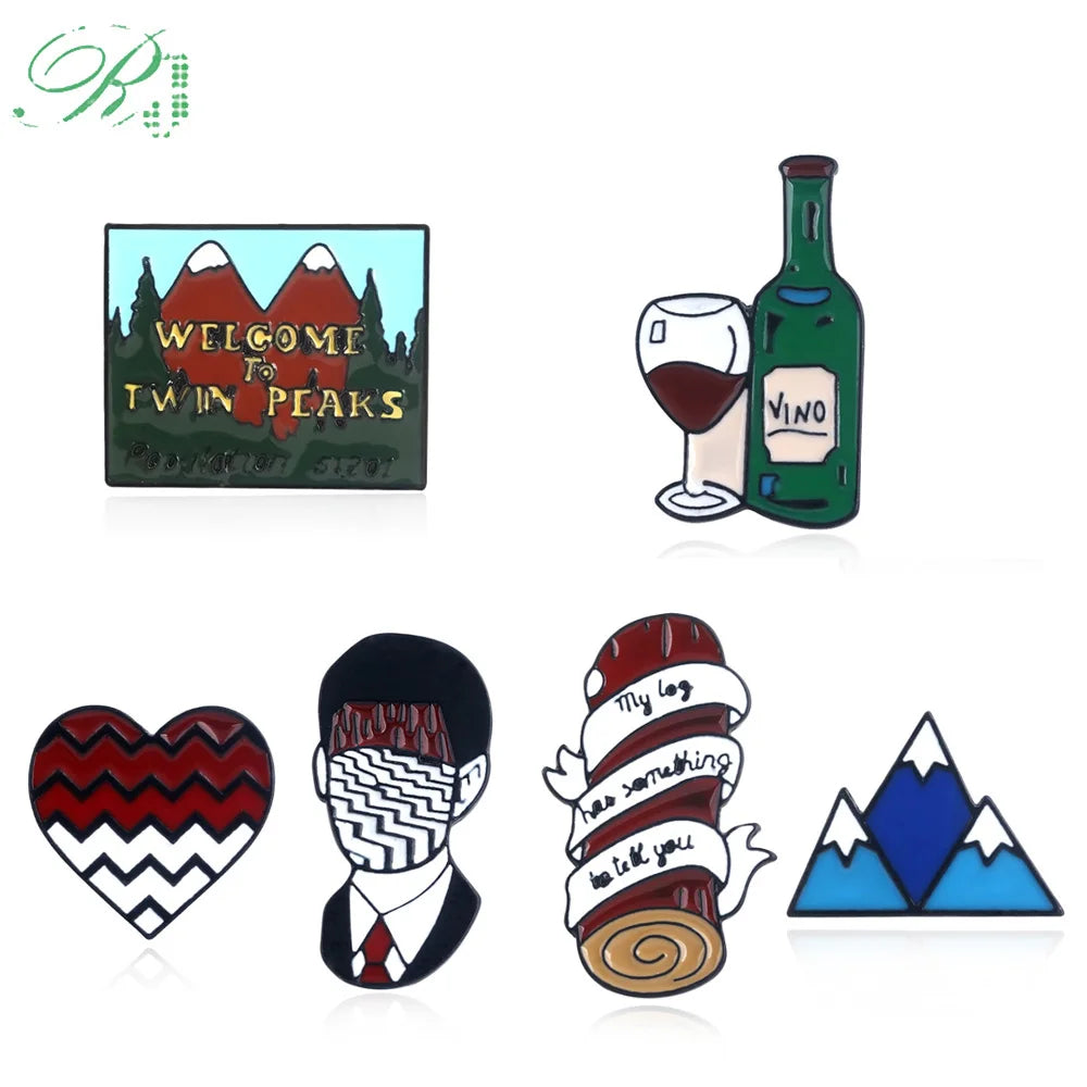 Twin Peaks Heart Shape Brooches Dale Cooper Fire Walk With Me Red Wine Bottle Cup Lapel Enamel Pins Women Men Bag Shirt Gift SS69