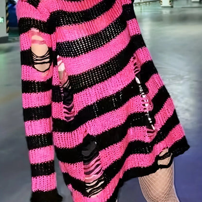 Two-tone Boat Neck Pullover Sweater, Casual Long Sleeve Ripped Sweater For Spring & Fall, Women's Clothing - SS69