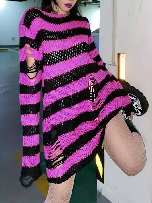 Two-tone Boat Neck Pullover Sweater, Casual Long Sleeve Ripped Sweater For Spring & Fall, Women's Clothing SS69