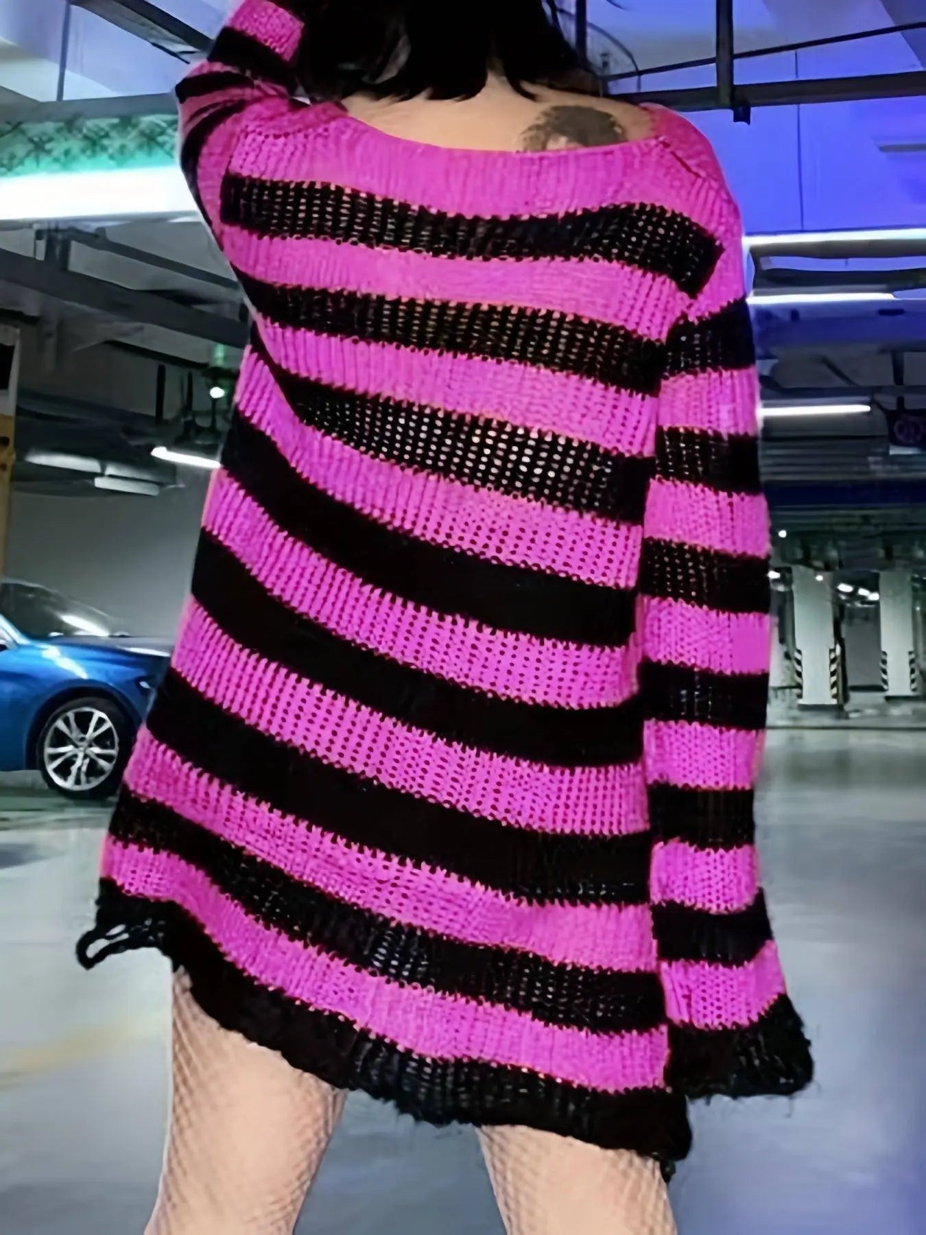 Two-tone Boat Neck Pullover Sweater, Casual Long Sleeve Ripped Sweater For Spring & Fall, Women's Clothing SS69