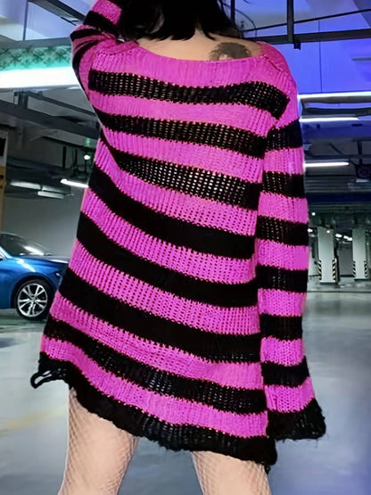 Two-tone Boat Neck Pullover Sweater, Casual Long Sleeve Ripped Sweater For Spring & Fall, Women's Clothing SS69