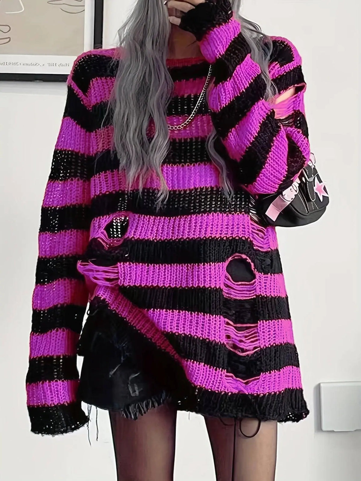 Two-tone Boat Neck Pullover Sweater, Casual Long Sleeve Ripped Sweater For Spring & Fall, Women's Clothing SS69