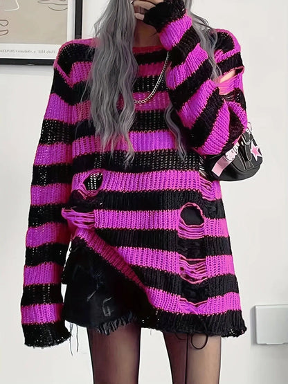 Two-tone Boat Neck Pullover Sweater, Casual Long Sleeve Ripped Sweater For Spring & Fall, Women's Clothing SS69