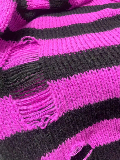 Two-tone Boat Neck Pullover Sweater, Casual Long Sleeve Ripped Sweater For Spring & Fall, Women's Clothing SS69