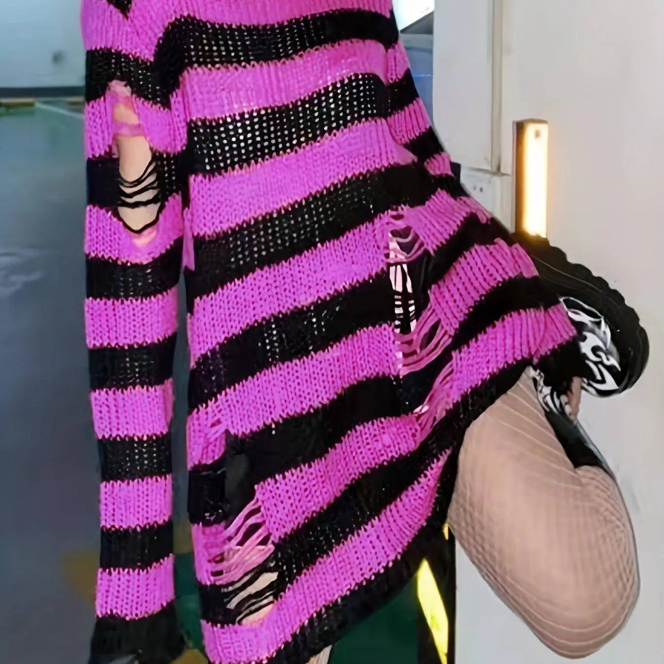 Two-tone Boat Neck Pullover Sweater, Casual Long Sleeve Ripped Sweater For Spring & Fall, Women's Clothing SS69