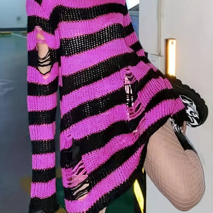 Two-tone Boat Neck Pullover Sweater, Casual Long Sleeve Ripped Sweater For Spring & Fall, Women's Clothing SS69