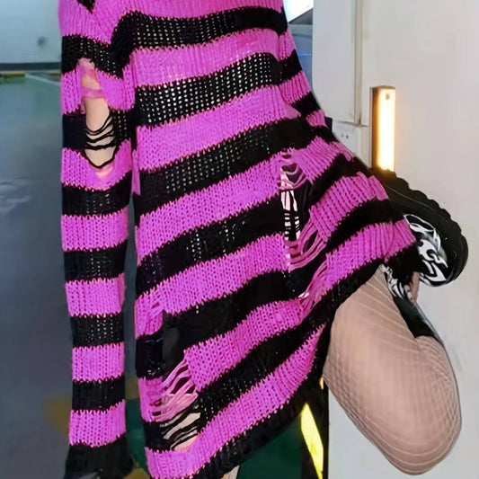 Two-tone Boat Neck Pullover Sweater, Casual Long Sleeve Ripped Sweater For Spring & Fall, Women's Clothing SS69