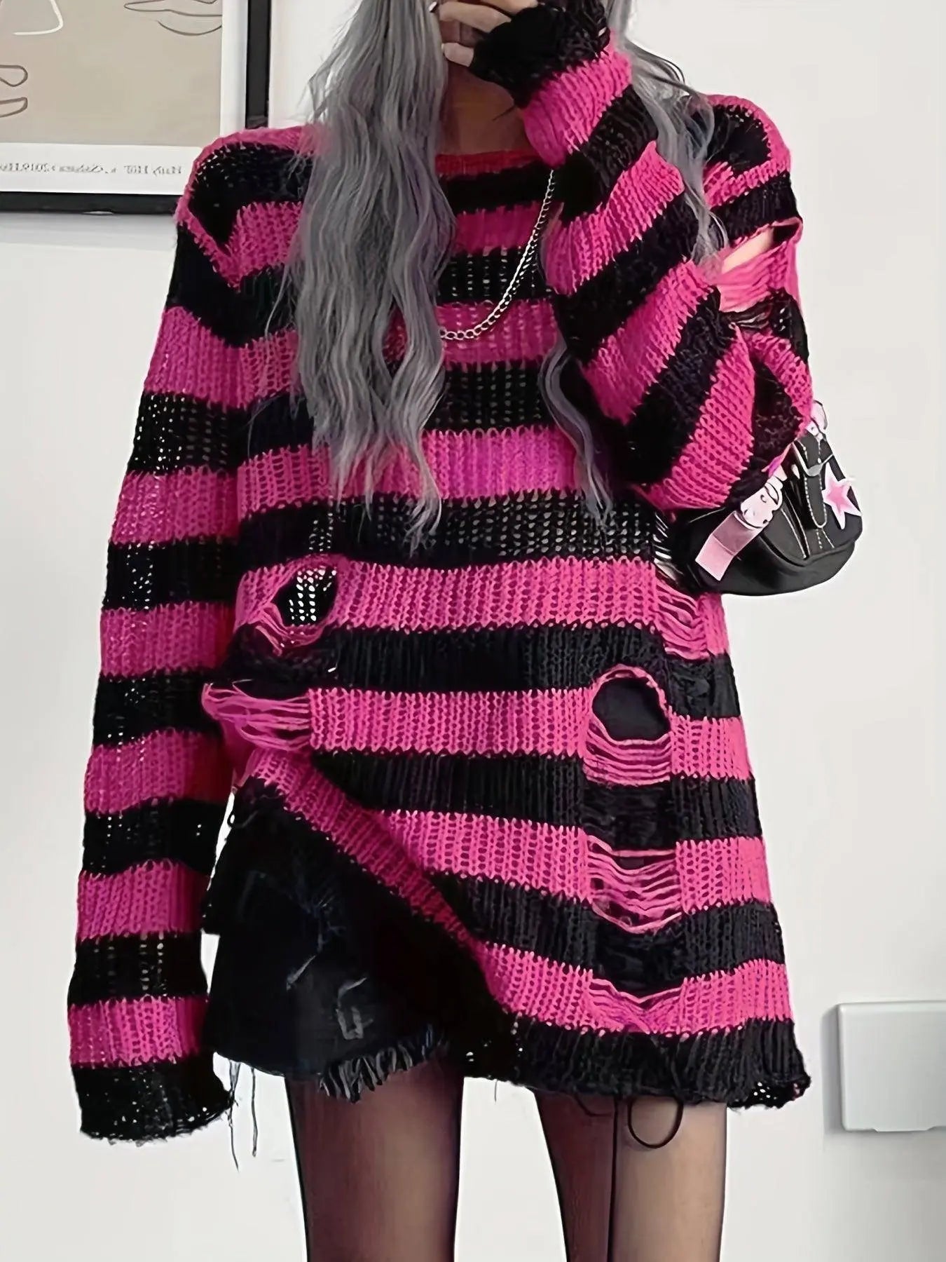 Two-tone Boat Neck Pullover Sweater, Casual Long Sleeve Ripped Sweater For Spring & Fall, Women's Clothing SS69