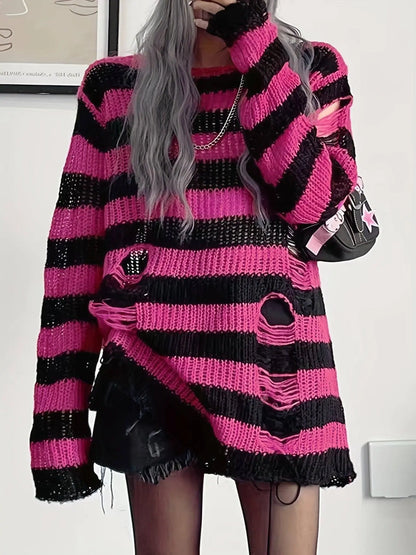 Two-tone Boat Neck Pullover Sweater, Casual Long Sleeve Ripped Sweater For Spring & Fall, Women's Clothing SS69