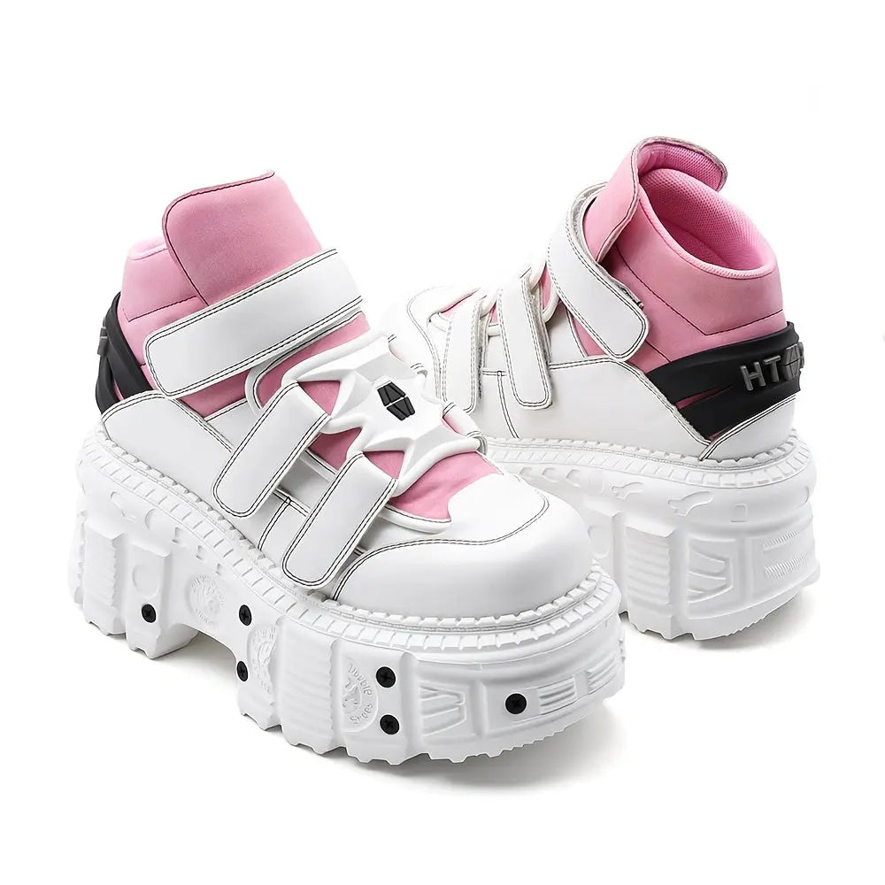 U-Double Y2K Gothic Punk Style Women's Sneakers - Fashionable Mid-Calf Platform Boots with Round Toe, EVA Sole & Hook-and-loop Fastener Closure, Thick Sole, Rock Shoes SS69