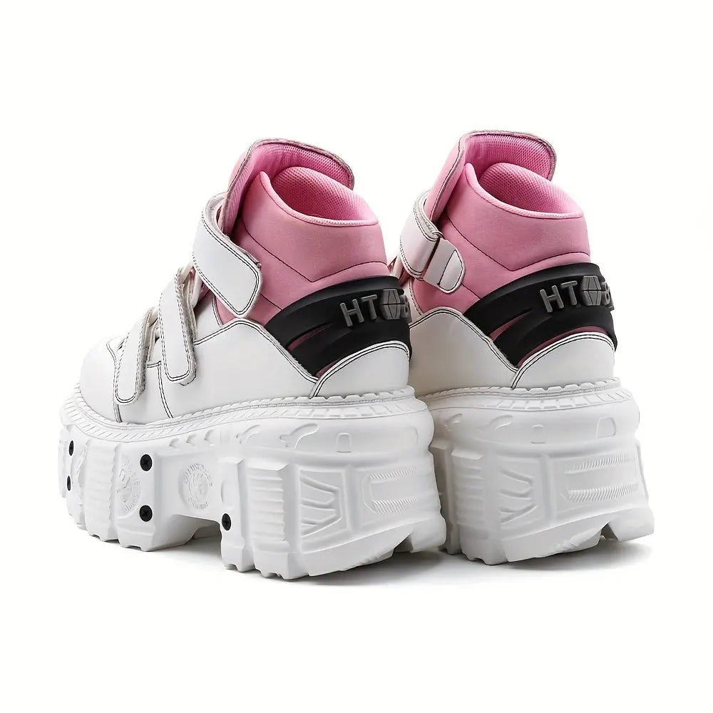 U-Double Y2K Gothic Punk Style Women's Sneakers - Fashionable Mid-Calf Platform Boots with Round Toe, EVA Sole & Hook-and-loop Fastener Closure, Thick Sole, Rock Shoes SS69