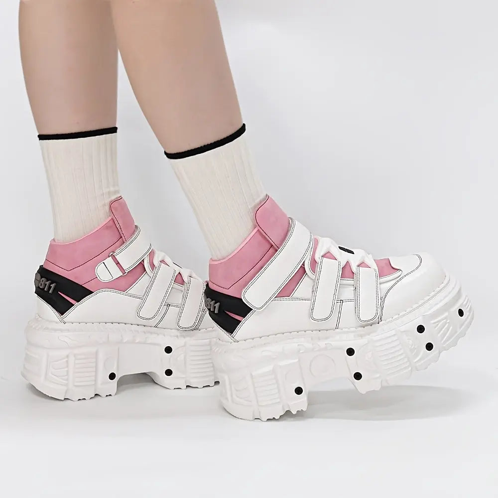 U-Double Y2K Gothic Punk Style Women's Sneakers - Fashionable Mid-Calf Platform Boots with Round Toe, EVA Sole & Hook-and-loop Fastener Closure, Thick Sole, Rock Shoes SS69