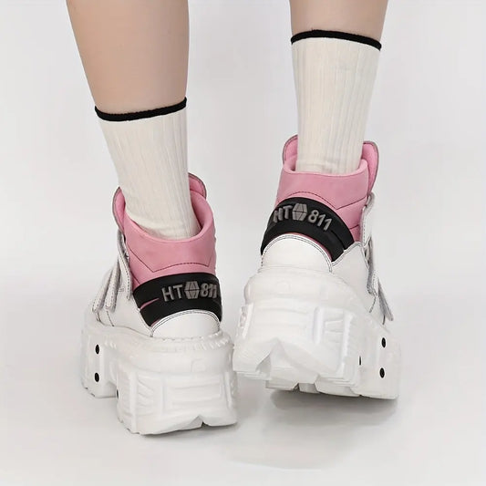 U-Double Y2K Gothic Punk Style Women's Sneakers - Fashionable Mid-Calf Platform Boots with Round Toe, EVA Sole & Hook-and-loop Fastener Closure, Thick Sole, Rock Shoes SS69