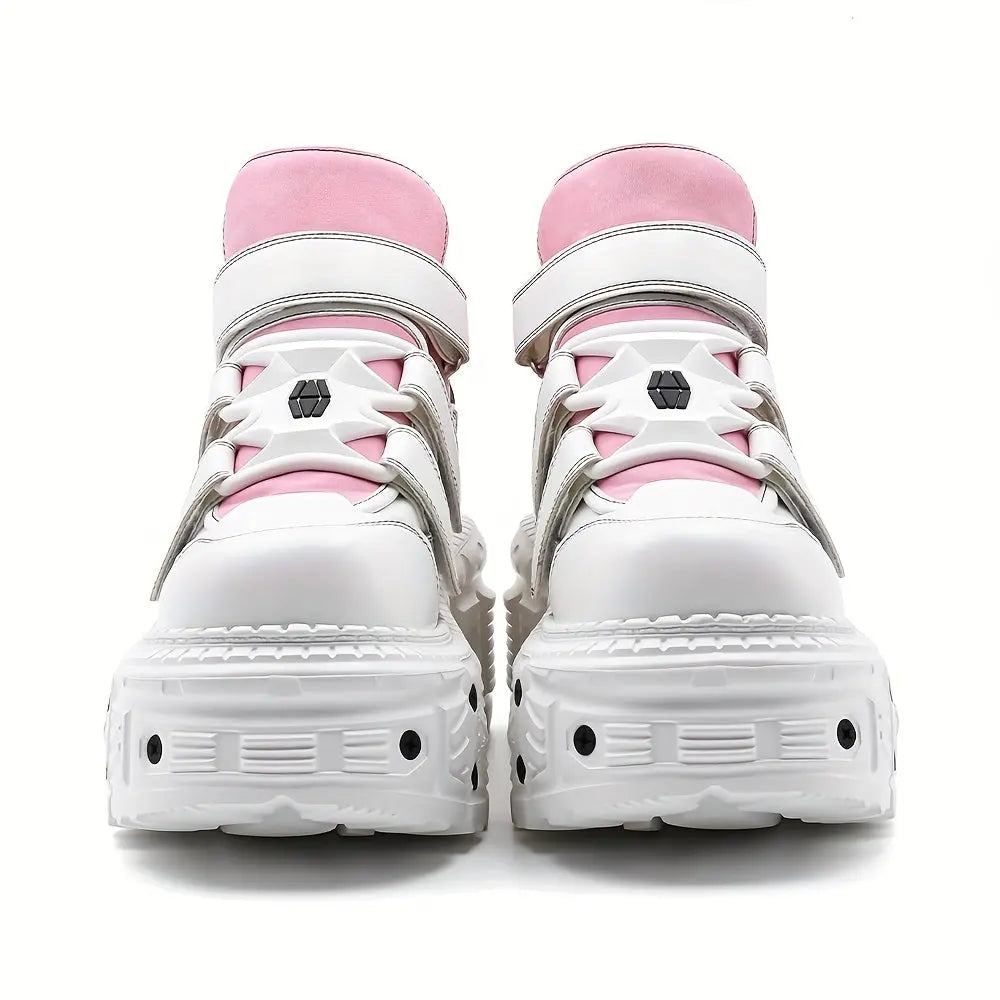 U-Double Y2K Gothic Punk Style Women's Sneakers - Fashionable Mid-Calf Platform Boots with Round Toe, EVA Sole & Hook-and-loop Fastener Closure, Thick Sole, Rock Shoes SS69 71.69 Pink / EU 40.5