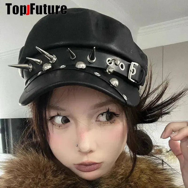 Unisex style Harajuku Gothic Lolita Hat Women Men Punk Biker Style beret subculture metal Cap Streetwear Rivet spike Arm Cap - SS69