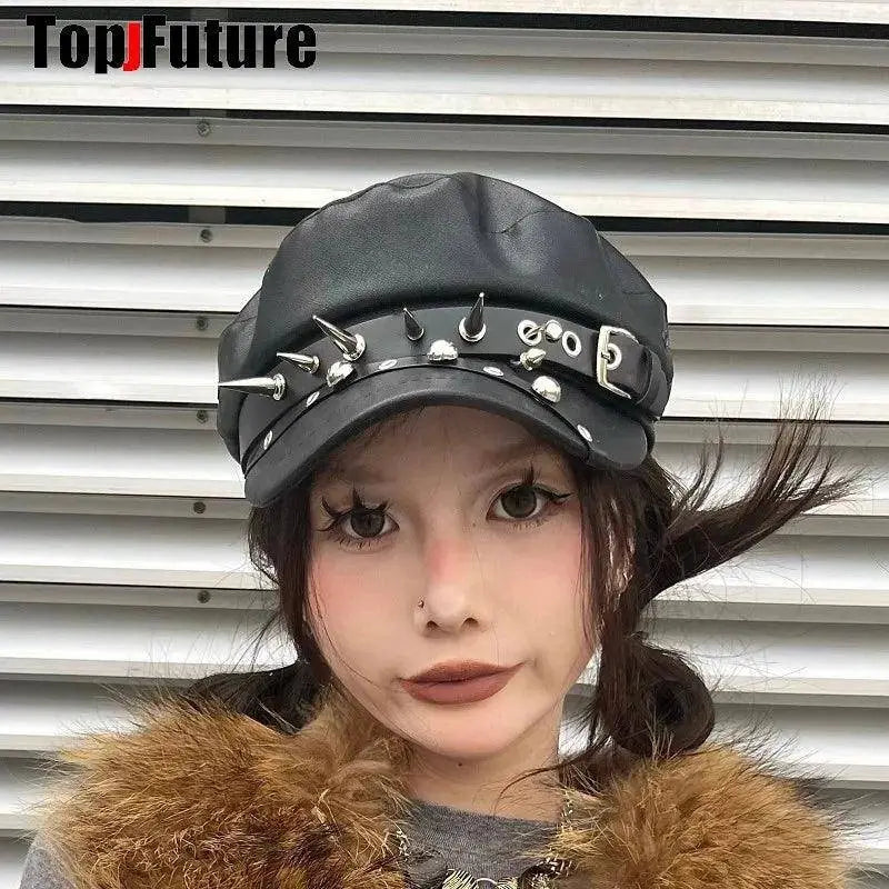 Unisex style Harajuku Gothic Lolita Hat Women Men Punk Biker Style beret subculture metal Cap Streetwear Rivet spike Arm Cap - SS69