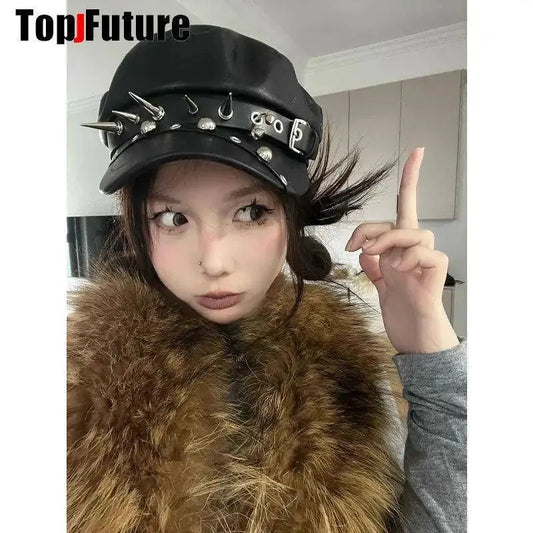 Unisex style Harajuku Gothic Lolita Hat Women Men Punk Biker Style beret subculture metal Cap Streetwear Rivet spike Arm Cap - SS69