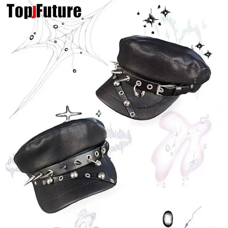 Unisex style Harajuku Gothic Lolita Hat Women Men Punk Biker Style beret subculture metal Cap Streetwear Rivet spike Arm Cap - SS69