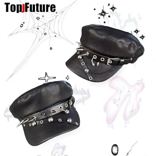 Unisex style Harajuku Gothic Lolita Hat Women Men Punk Biker Style beret subculture metal Cap Streetwear Rivet spike Arm Cap - SS69