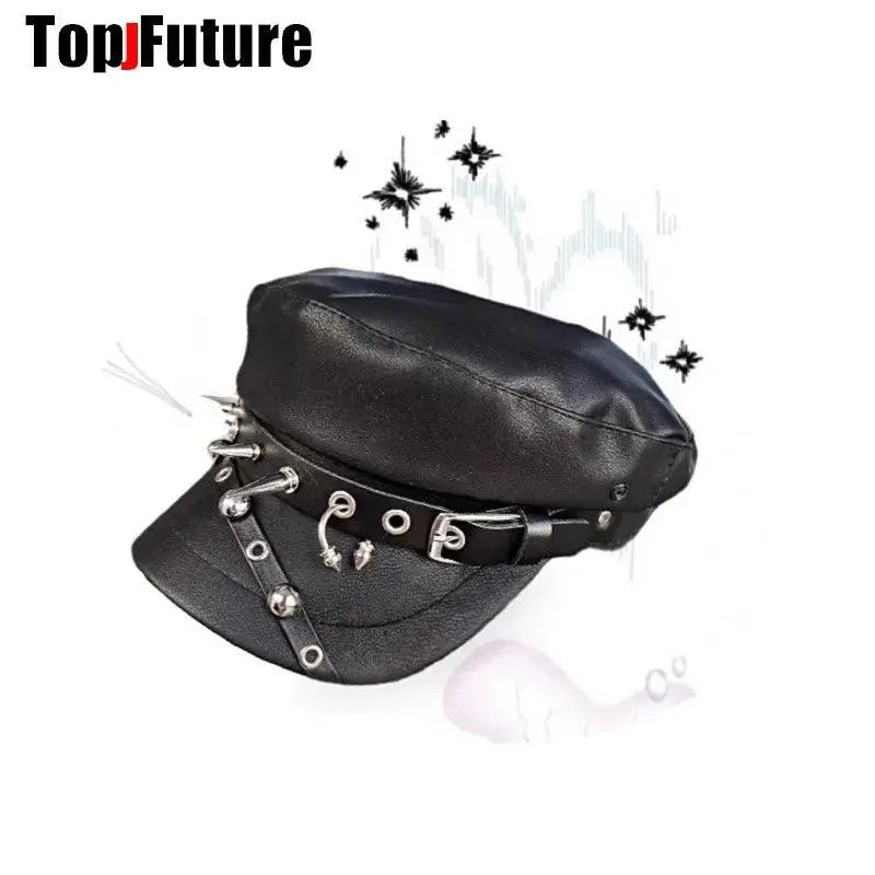 Unisex style Harajuku Gothic Lolita Hat Women Men Punk Biker Style beret subculture metal Cap Streetwear Rivet spike Arm Cap - SS69