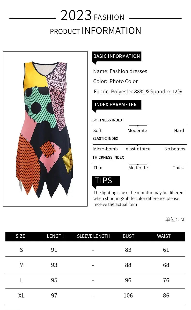 VIP FASHION Sally Halloween Cosplay Dress Women Funny Party Costume Horro Zentai Catsuit Sleeveless Dresses Girls Sexy Leggings - SS69