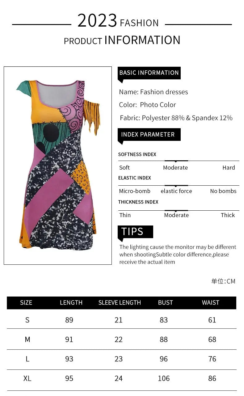 VIP FASHION Sally Halloween Cosplay Dress Women Funny Party Costume Horro Zentai Catsuit Sleeveless Dresses Girls Sexy Leggings - SS69