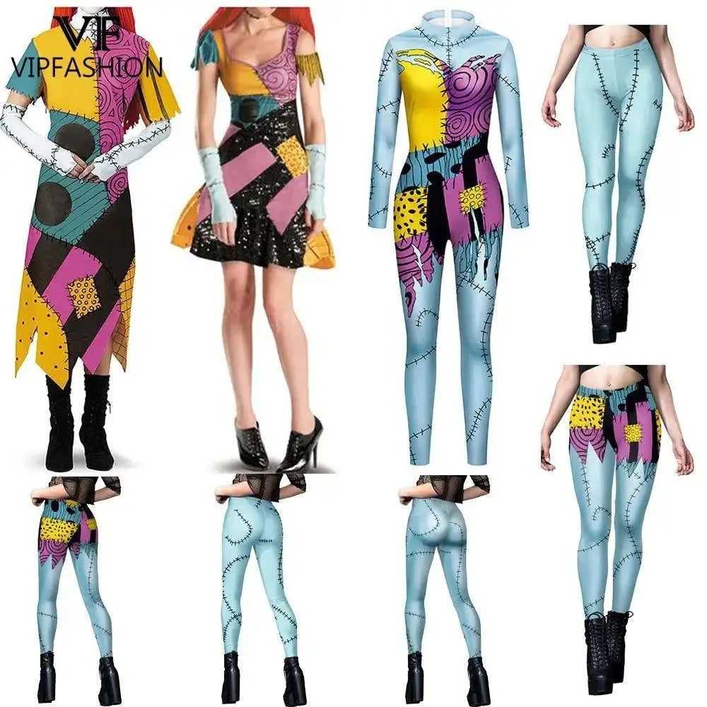 VIP FASHION Sally Halloween Cosplay Dress Women Funny Party Costume Horro Zentai Catsuit Sleeveless Dresses Girls Sexy Leggings - SS69