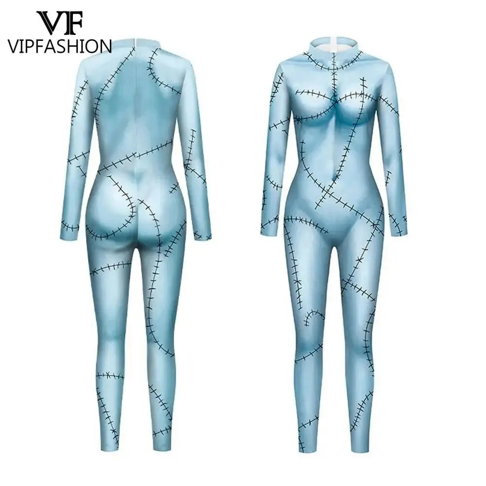 VIP FASHION Sally Halloween Cosplay Dress Women Funny Party Costume Horro Zentai Catsuit Sleeveless Dresses Girls Sexy Leggings - SS69