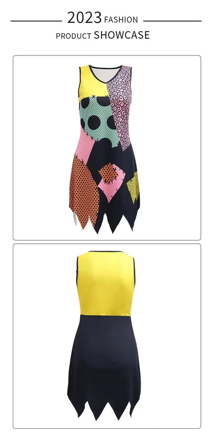VIP FASHION Sally Halloween Cosplay Dress Women Funny Party Costume Horro Zentai Catsuit Sleeveless Dresses Girls Sexy Leggings - SS69