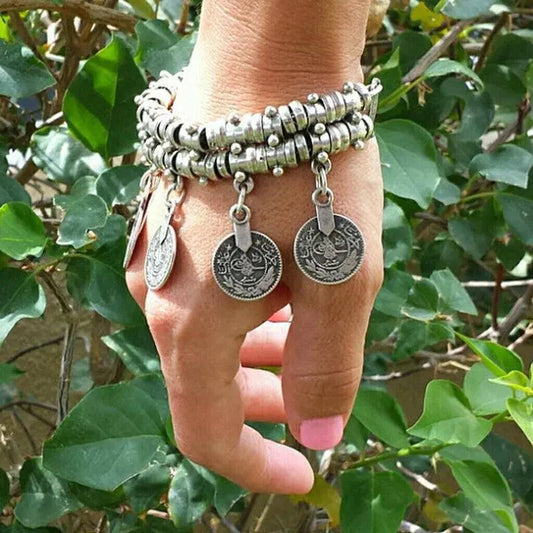 Vintage Ethnic Exaggerated Coin Pendant Bracelets For Women Boho Silver Color Carved Geometric Indian Bracelets Jhumka Jewelry SS69