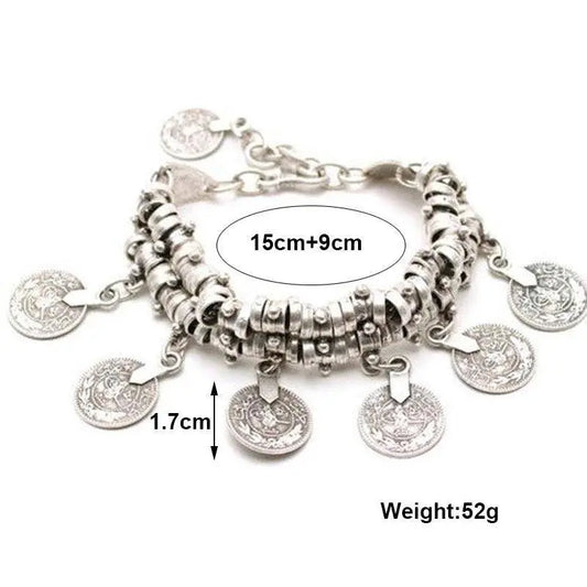 Vintage Ethnic Exaggerated Coin Pendant Bracelets For Women Boho Silver Color Carved Geometric Indian Bracelets Jhumka Jewelry SS69