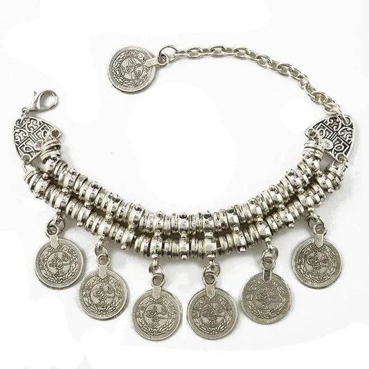Vintage Ethnic Exaggerated Coin Pendant Bracelets For Women Boho Silver Color Carved Geometric Indian Bracelets Jhumka Jewelry SS69