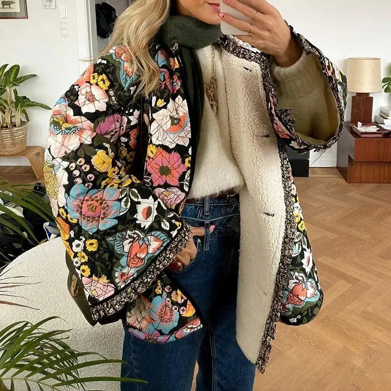 Vintage Floral Flower Printed Cotton Coat Women Fleece Thick Warm Long Sleeve Quilted Jacket Autumn Winter Women's Clothing SS69
