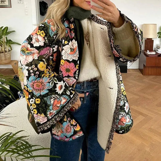 Vintage Floral Flower Printed Cotton Coat Women Fleece Thick Warm Long Sleeve Quilted Jacket Autumn Winter Women's Clothing SS69