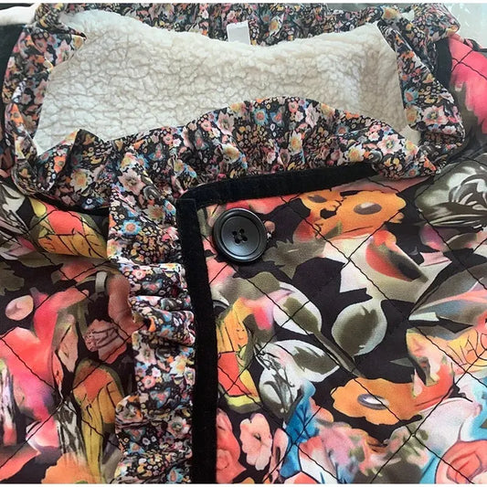 Vintage Floral Flower Printed Cotton Coat Women Fleece Thick Warm Long Sleeve Quilted Jacket Autumn Winter Women's Clothing SS69