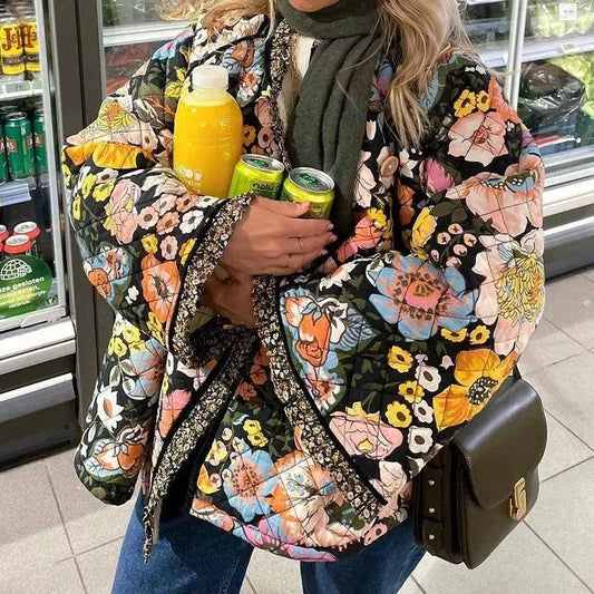 Vintage Floral Flower Printed Cotton Coat Women Fleece Thick Warm Long Sleeve Quilted Jacket Autumn Winter Women's Clothing SS69