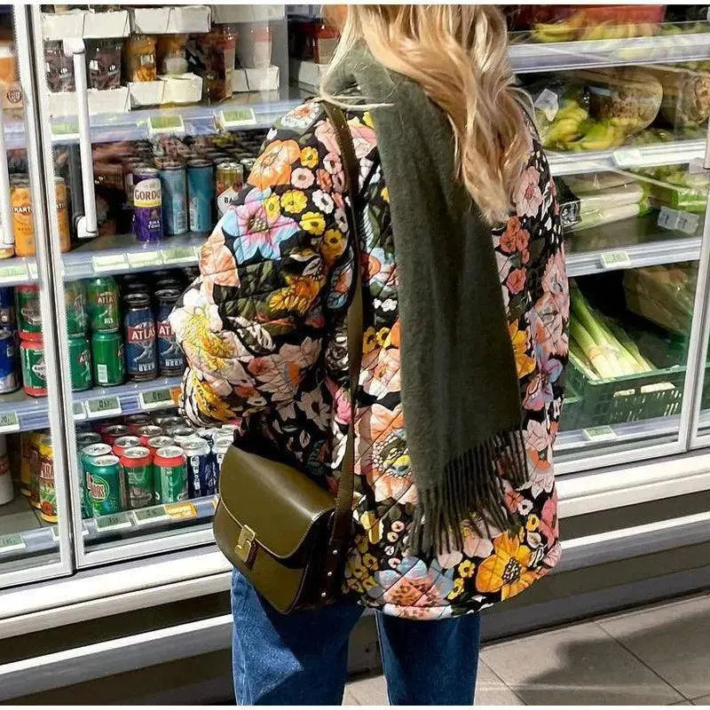 Vintage Floral Flower Printed Cotton Coat Women Fleece Thick Warm Long Sleeve Quilted Jacket Autumn Winter Women's Clothing SS69