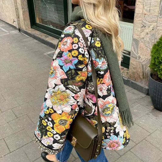 Vintage Floral Flower Printed Cotton Coat Women Fleece Thick Warm Long Sleeve Quilted Jacket Autumn Winter Women's Clothing SS69