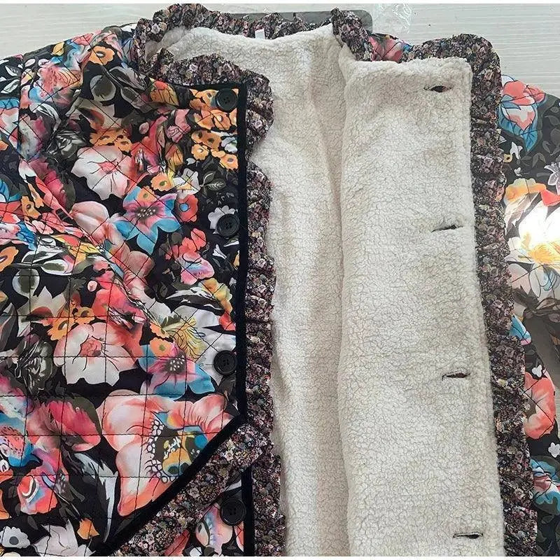 Vintage Floral Flower Printed Cotton Coat Women Fleece Thick Warm Long Sleeve Quilted Jacket Autumn Winter Women's Clothing SS69