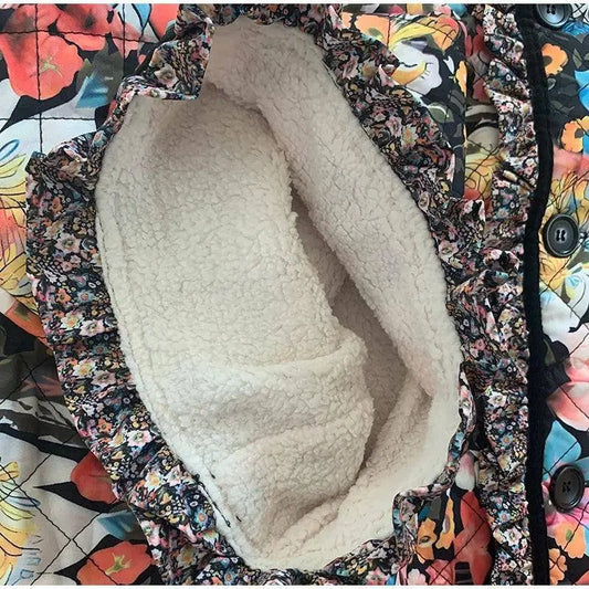Vintage Floral Flower Printed Cotton Coat Women Fleece Thick Warm Long Sleeve Quilted Jacket Autumn Winter Women's Clothing SS69