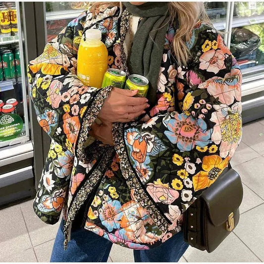 Vintage Floral Flower Printed Cotton Coat Women Fleece Thick Warm Long Sleeve Quilted Jacket Autumn Winter Women's Clothing SS69