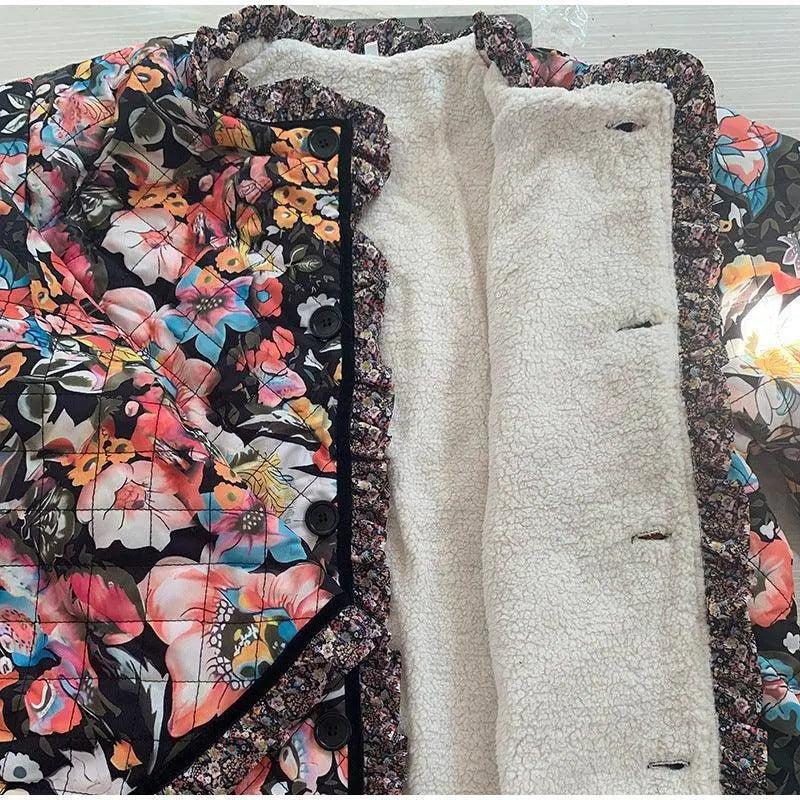Vintage Floral Flower Printed Cotton Coat Women Fleece Thick Warm Long Sleeve Quilted Jacket Autumn Winter Women's Clothing SS69